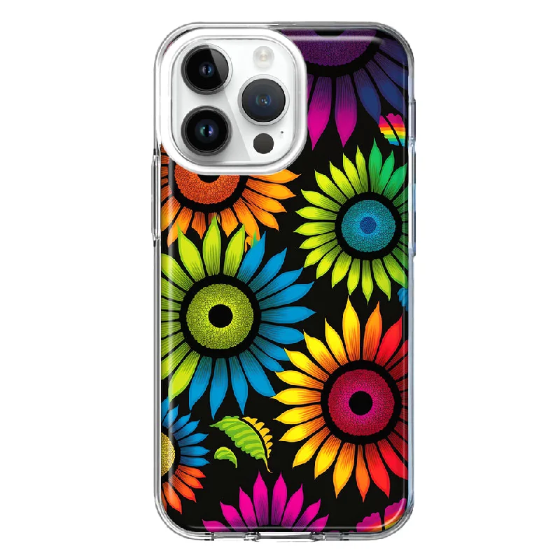 For Apple iPhone 15 Pro Neon Rainbow Glow Sunflowers Colorful Floral Pink Purple Double Layer Phone Case Cover