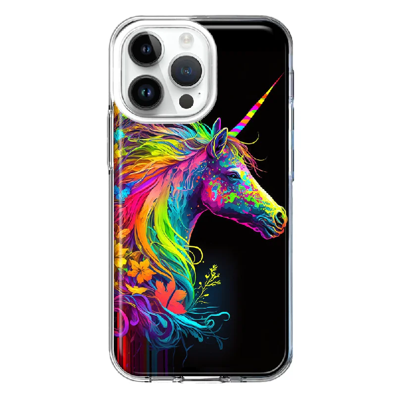 For Apple iPhone 15 Pro Neon Rainbow Glow Unicorn Floral Hybrid Protective Phone Case Cover