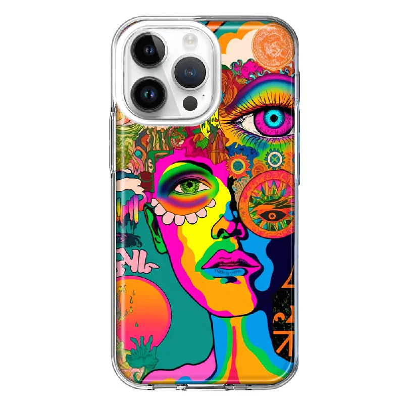 For Apple iPhone 15 Pro Neon Rainbow Psychedelic Hippie One Eye Pop Art Hybrid Protective Phone Case Cover