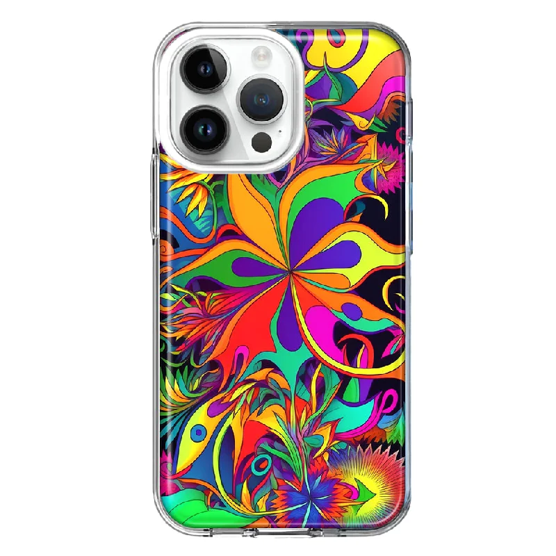 For Apple iPhone 15 Pro Neon Rainbow Psychedelic Hippie Wild Flowers Hybrid Protective Phone Case Cover