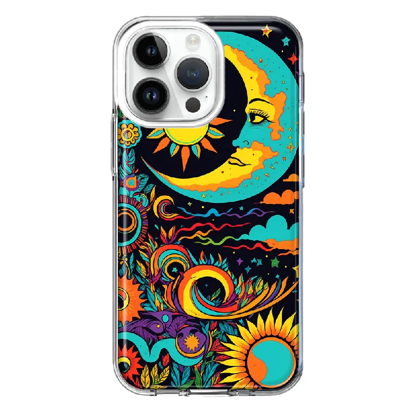 For Apple iPhone 15 Pro Neon Rainbow Psychedelic Indie Hippie Indie Moon Hybrid Protective Phone Case Cover