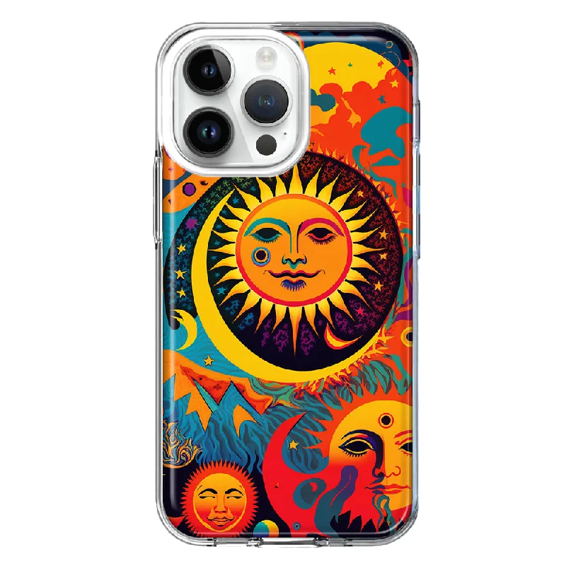 For Apple iPhone 15 Pro Neon Rainbow Psychedelic Indie Hippie Sun Moon Hybrid Protective Phone Case Cover