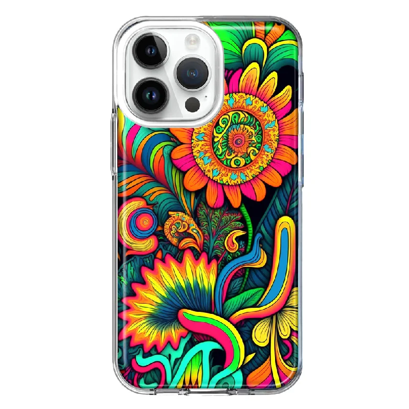 For Apple iPhone 15 Pro Neon Rainbow Psychedelic Indie Hippie Sunflowers Hybrid Protective Phone Case Cover