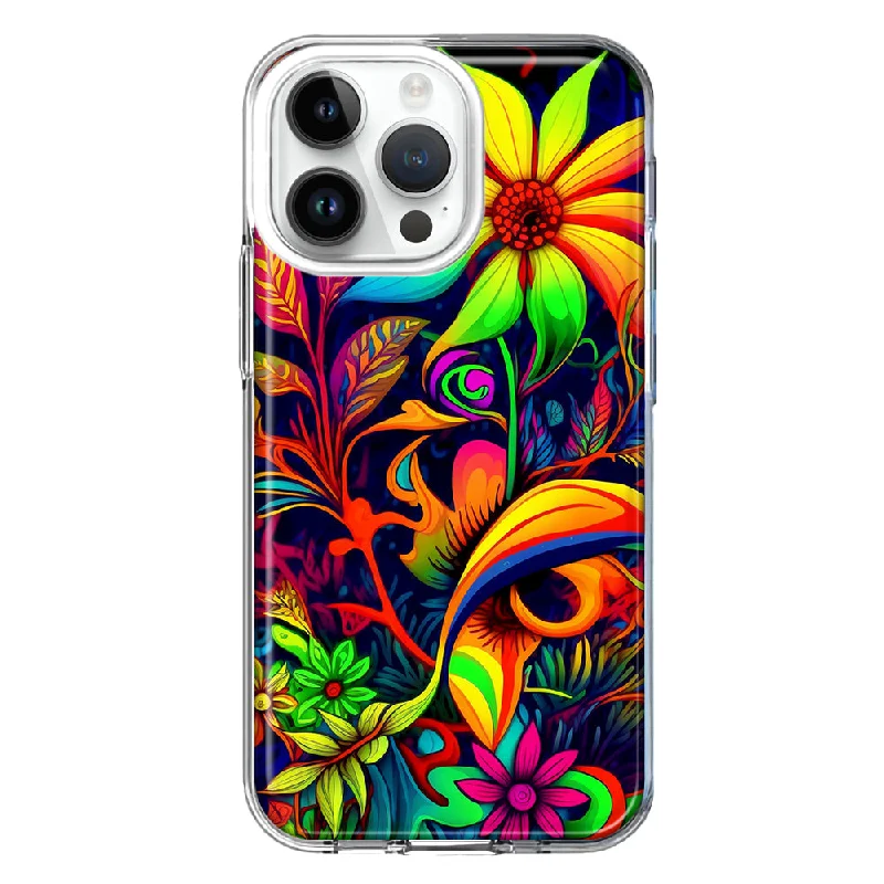 For Apple iPhone 15 Pro Neon Rainbow Psychedelic Trippy Hippie Daisy Flowers Design Hybrid Protective Phone Case Cover