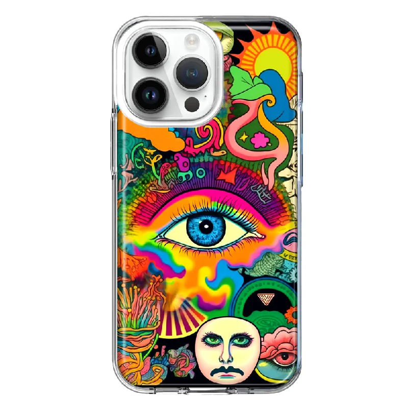 For Apple iPhone 15 Pro Neon Rainbow Psychedelic Trippy Hippie Multiple Eyes Design Hybrid Protective Phone Case Cover