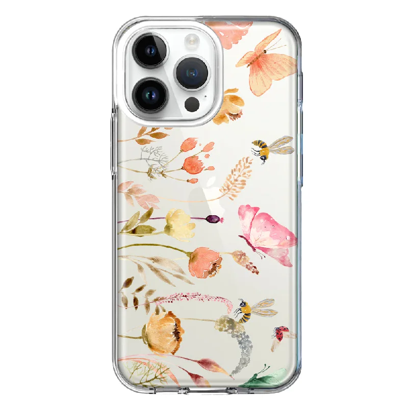 For Apple iPhone 15 Pro Peach Meadow Wildflowers Butterflies Bees Watercolor Floral Design Hybrid Protective Phone Case Cover