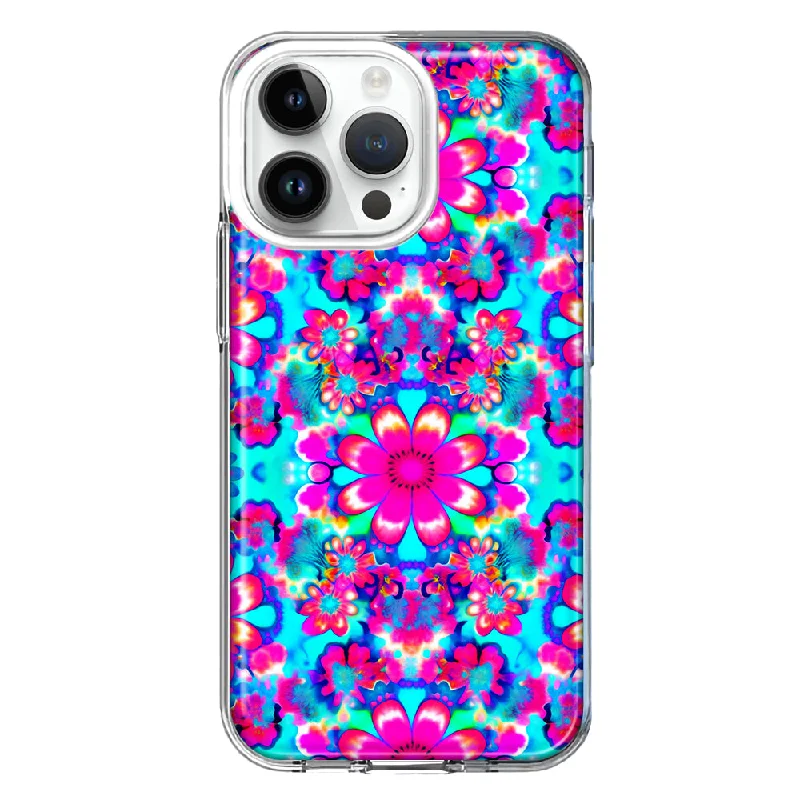 For Apple iPhone 15 Pro Pink Blue Vintage Hippie Tie Dye Flowers Hybrid Protective Phone Case Cover