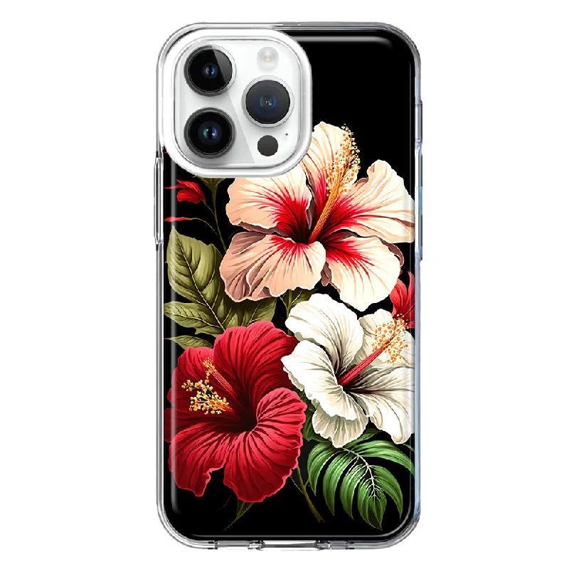 For Apple iPhone 15 Pro Pink Red Hibiscus Wild Flowers Floral Hybrid Protective Phone Case Cover