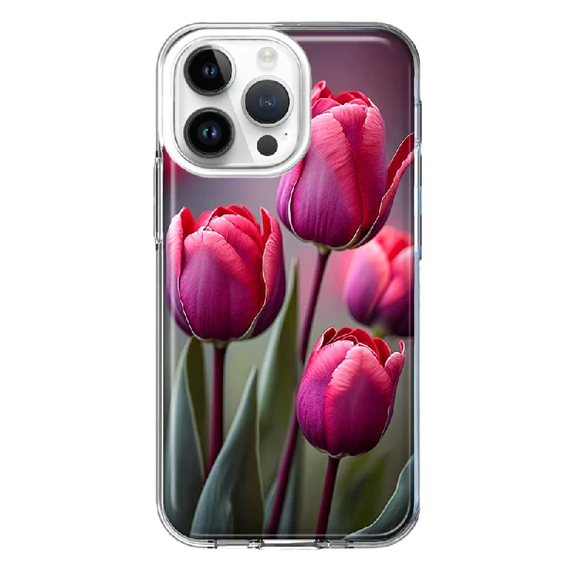 For Apple iPhone 15 Pro Pink Tulip Flowers Floral Hybrid Protective Phone Case Cover