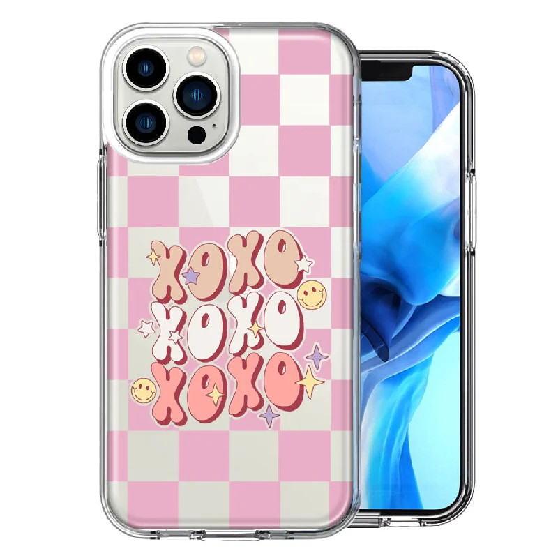 For Apple iPhone 15 Pro Retro Pink Checkered XOXO Vintage 70s Style Hippie Valentine Love Double Layer Phone Case Cover