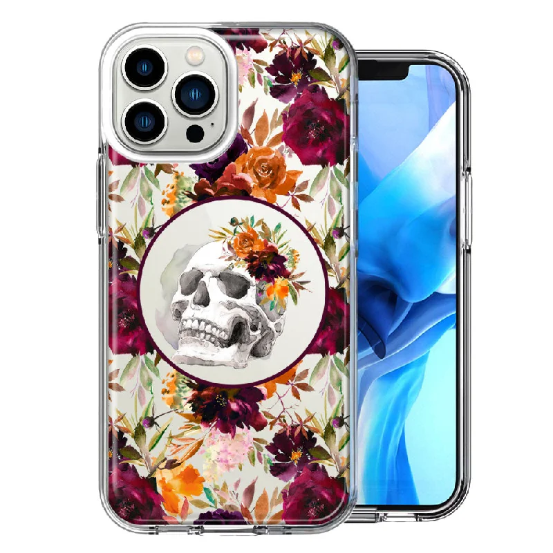 For Apple iPhone 15 Pro Romance Is Dead Valentines Day Halloween Skull Floral Autumn Flowers Double Layer Phone Case Cover