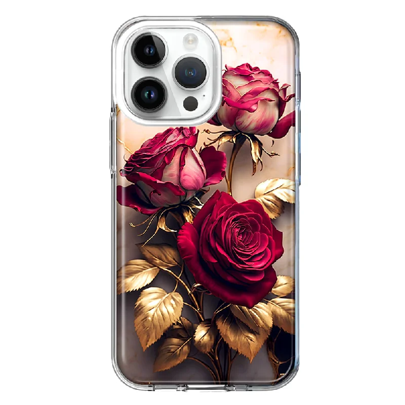 For Apple iPhone 15 Pro Romantic Elegant Gold Marble Red Roses Double Layer Phone Case Cover