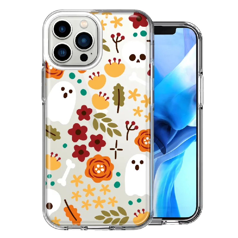 For Apple iPhone 15 Pro Spooky Season Fall Autumn Flowers Ghosts Skulls Halloween Double Layer Phone Case Cover