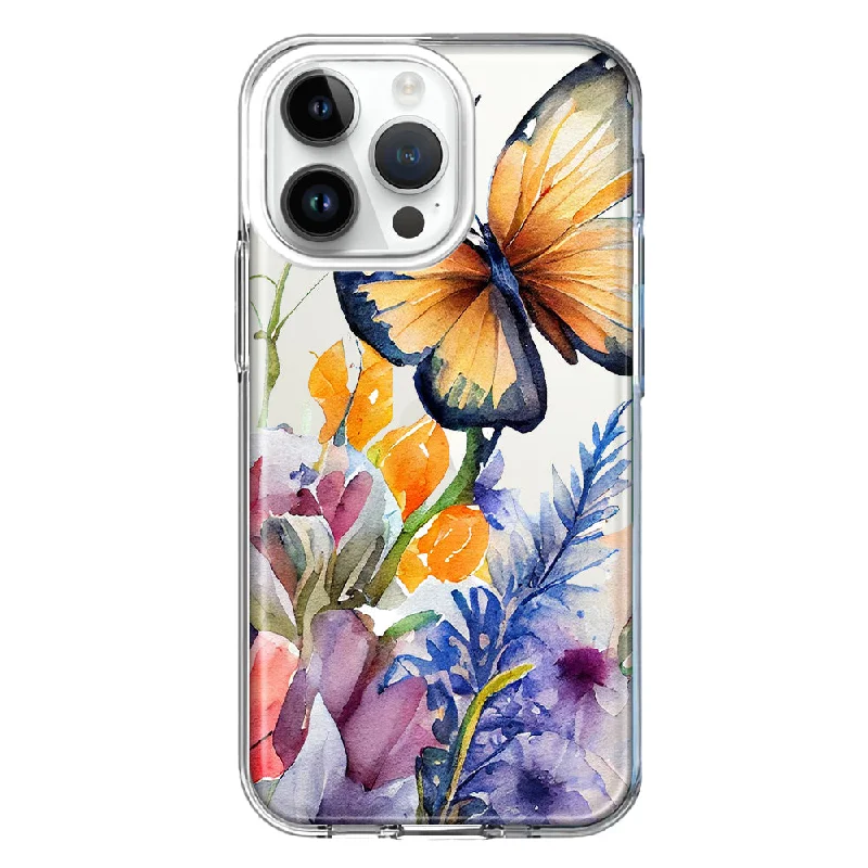 For Apple iPhone 15 Pro Spring Summer Flowers Butterfly Purple Blue Lilac Floral Design Hybrid Protective Phone Case Cover