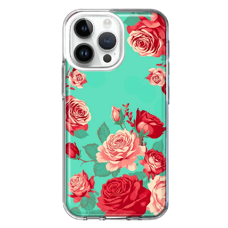 For Apple iPhone 15 Pro Turquoise Teal Vintage Pastel Pink Red Roses Double Layer Phone Case Cover