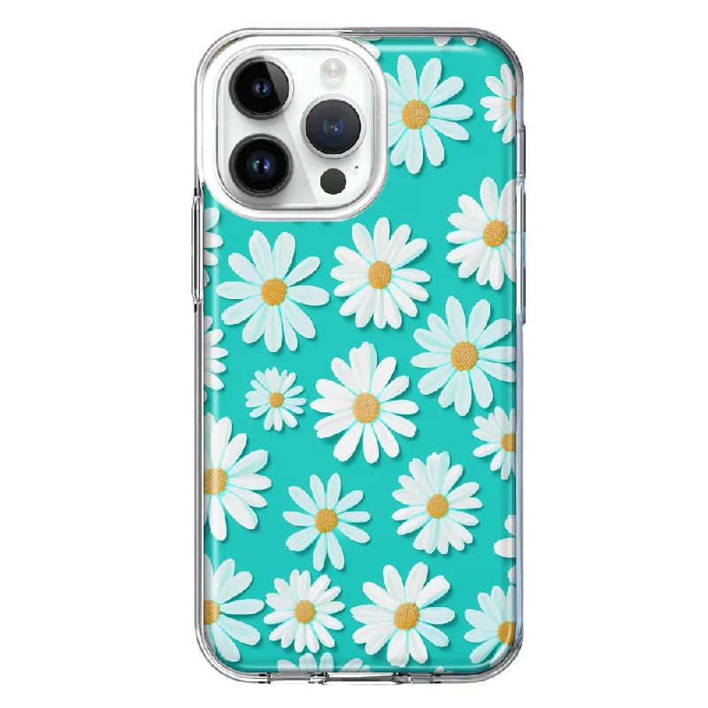 For Apple iPhone 15 Pro Turquoise Teal White Daisies Cute Daisy Polka Dots Double Layer Phone Case Cover