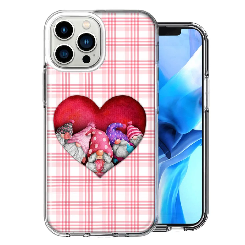 For Apple iPhone 15 Pro Valentine's Day Garden Gnomes Heart Love Pink Plaid Design Double Layer Phone Case Cover