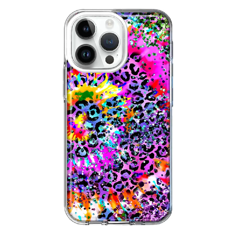 For Apple iPhone 15 Pro Vibrant Pink Purple Tie Dye Summer Leopard Swirl Rainbow Design Hybrid Protective Phone Case Cover