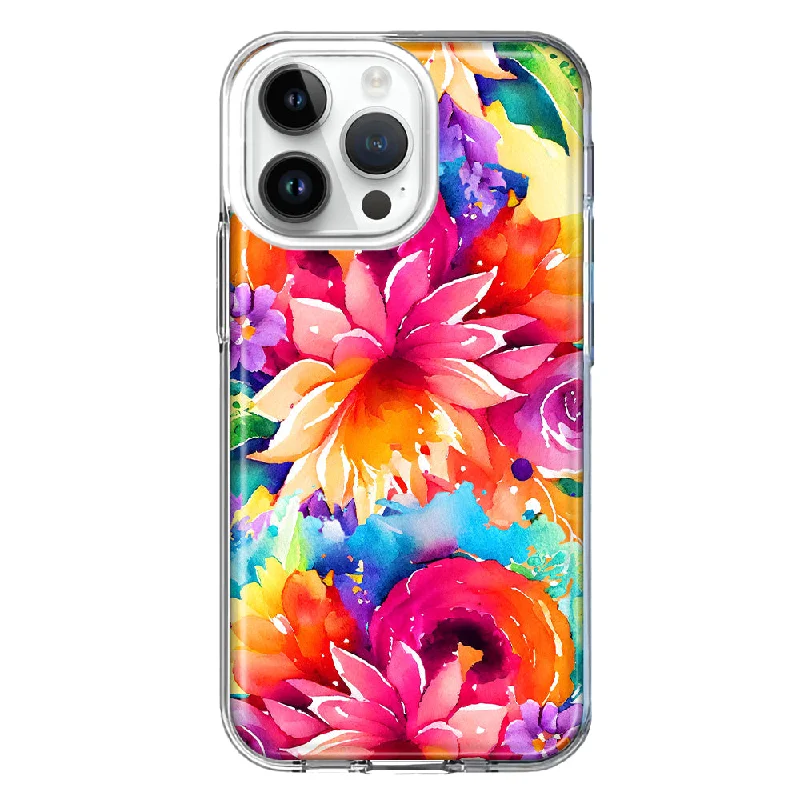 For Apple iPhone 15 Pro Watercolor Paint Summer Rainbow Flowers Bouquet Bloom Floral Design Hybrid Protective Phone Case Cover