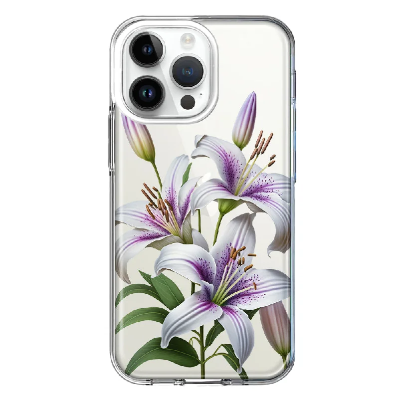 For Apple iPhone 15 Pro White Lavender Lily Purple Flowers Floral Hybrid Protective Phone Case Cover