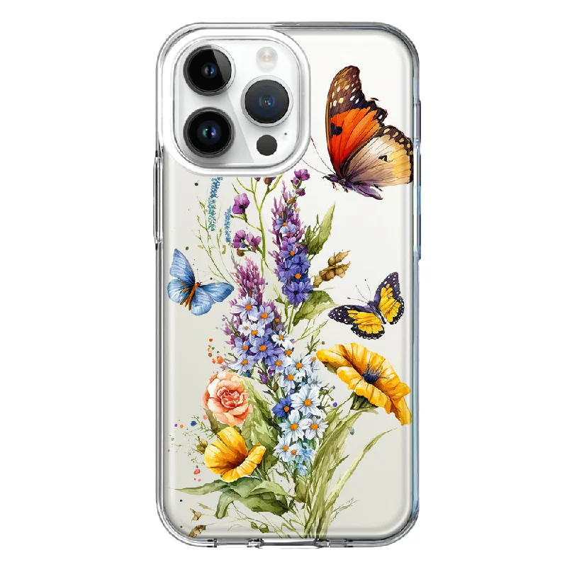 For Apple iPhone 15 Pro Yellow Purple Spring Flowers Butterflies Floral Hybrid Protective Phone Case Cover