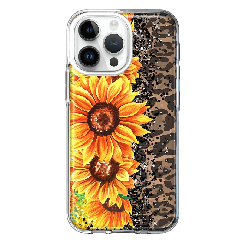 For Apple iPhone 15 Pro Yellow Summer Sunflowers Brown Leopard Honeycomb Design Hybrid Protective Phone Case Cover