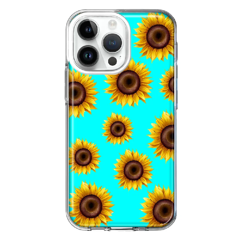 For Apple iPhone 15 Pro Yellow Sunflowers Polkadot on Turquoise Teal Double Layer Phone Case Cover