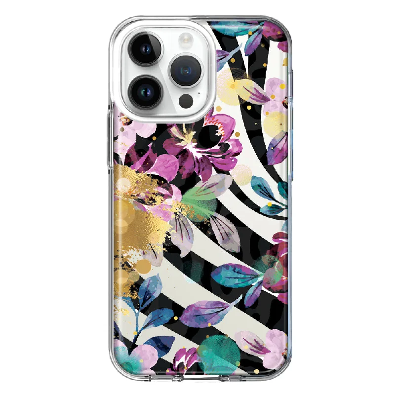 For Apple iPhone 15 Pro Zebra Stripes Tropical Flowers Purple Blue Summer Vibes Design Hybrid Protective Phone Case Cover