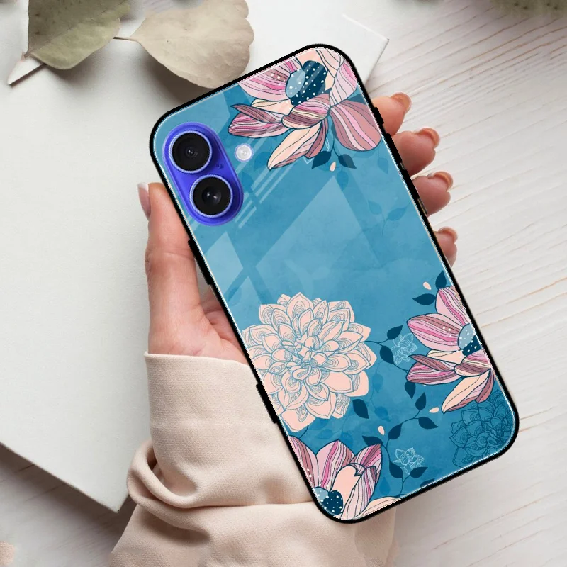 Blue Flower Glass Case Cover For iPhone