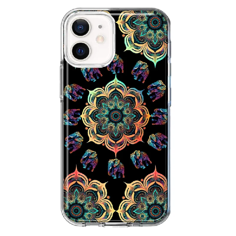 For Apple iPhone 12 Mandala Geometry Abstract Elephant Pattern Design Hybrid Protective Phone Case Cover