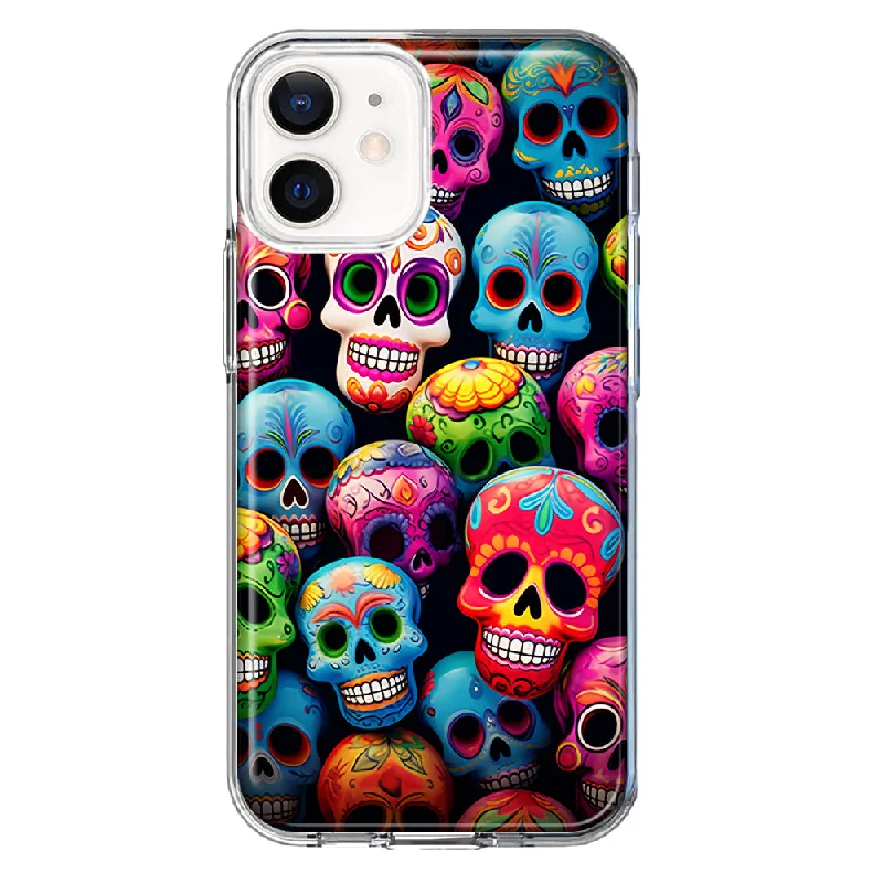 For Apple iPhone 12 Mini Halloween Spooky Colorful Day of the Dead Skulls Design Hybrid Protective Phone Case Cover