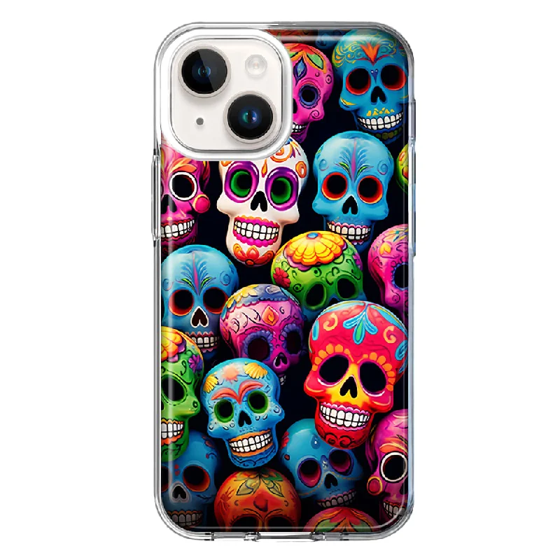 For Apple iPhone 13 Halloween Spooky Colorful Day of the Dead Skulls Design Hybrid Protective Phone Case Cover