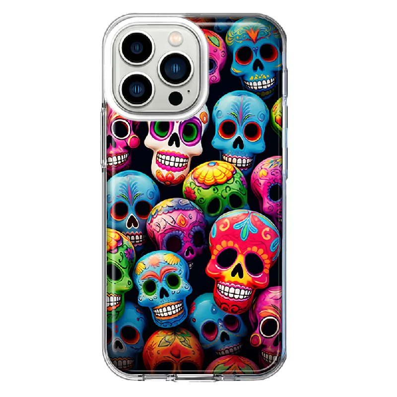 For Apple iPhone 13 Pro Halloween Spooky Colorful Day of the Dead Skulls Design Hybrid Protective Phone Case Cover