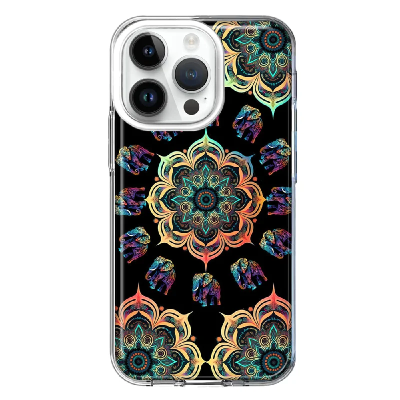 For Apple iPhone 14 Pro Mandala Geometry Abstract Elephant Pattern Design Hybrid Protective Phone Case Cover