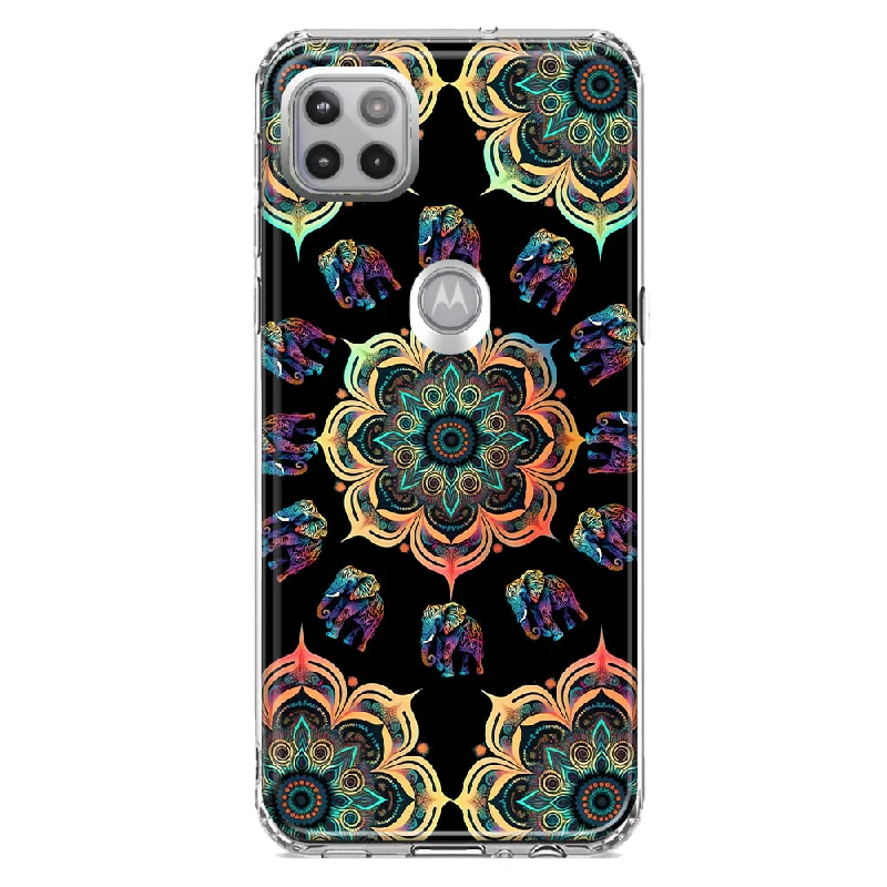 For Motorola One 5G Mandala Geometry Abstract Elephant Pattern Design Hybrid Protective Phone Case Cover