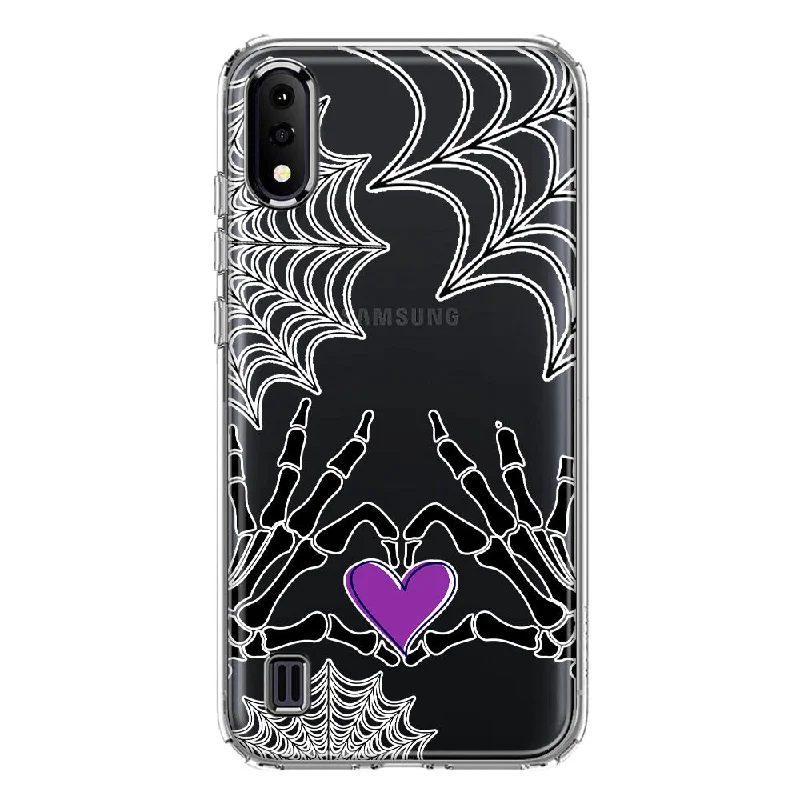 For Samsung Galaxy A01 Halloween Skeleton Heart Hands Spooky Spider Web Design Hybrid Protective Phone Case Cover