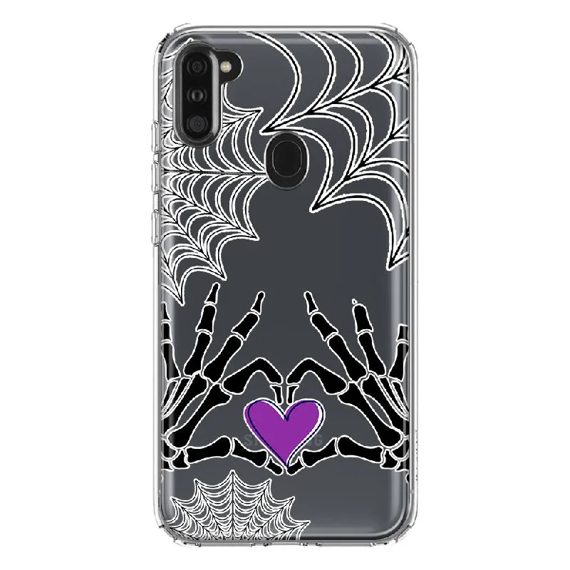 For Samsung Galaxy A11 Halloween Skeleton Heart Hands Spooky Spider Web Design Hybrid Protective Phone Case Cover