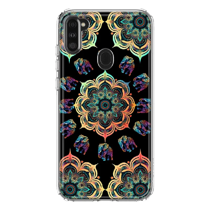 For Samsung Galaxy A11 Mandala Geometry Abstract Elephant Pattern Design Hybrid Protective Phone Case Cover