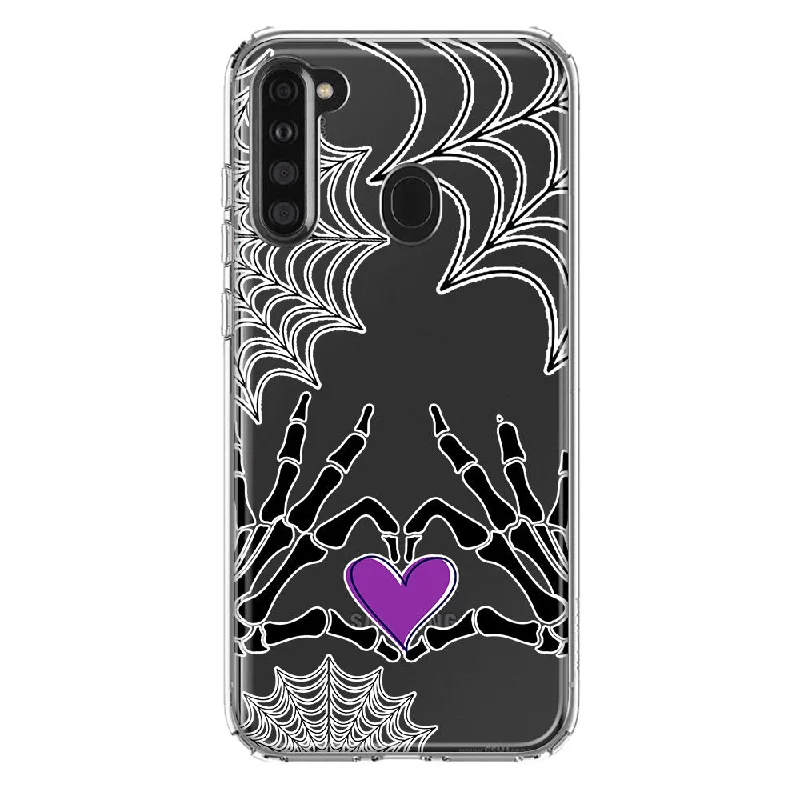 For Samsung Galaxy A21 Halloween Skeleton Heart Hands Spooky Spider Web Design Hybrid Protective Phone Case Cover