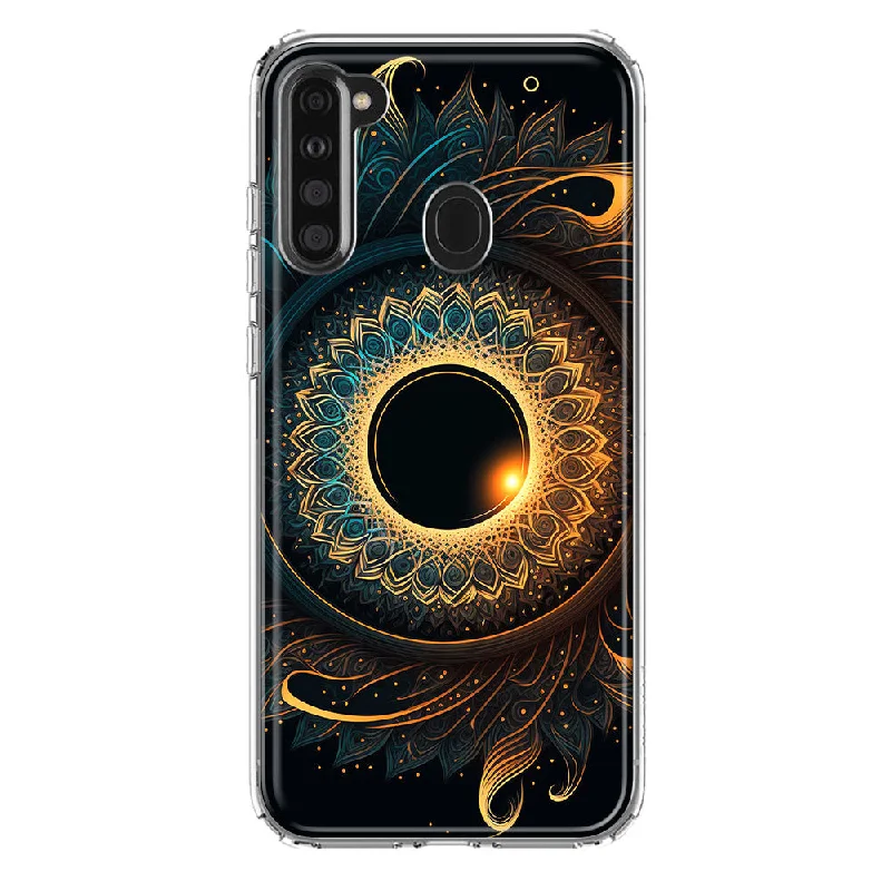 For Samsung Galaxy A21 Mandala Geometry Abstract Eclipse Pattern Design Hybrid Protective Phone Case Cover