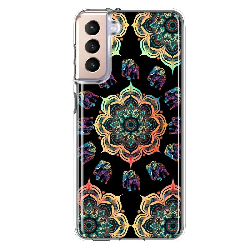 For Samsung Galaxy S21 FE Mandala Geometry Abstract Elephant Pattern Design Hybrid Protective Phone Case Cover