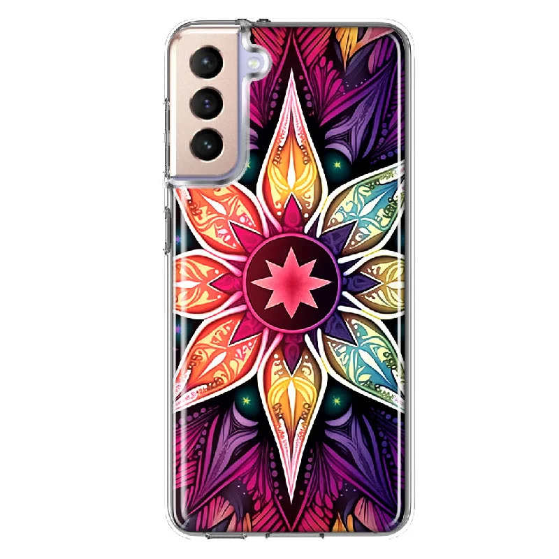 For Samsung Galaxy S21 FE Mandala Geometry Abstract Star Pattern Design Hybrid Protective Phone Case Cover