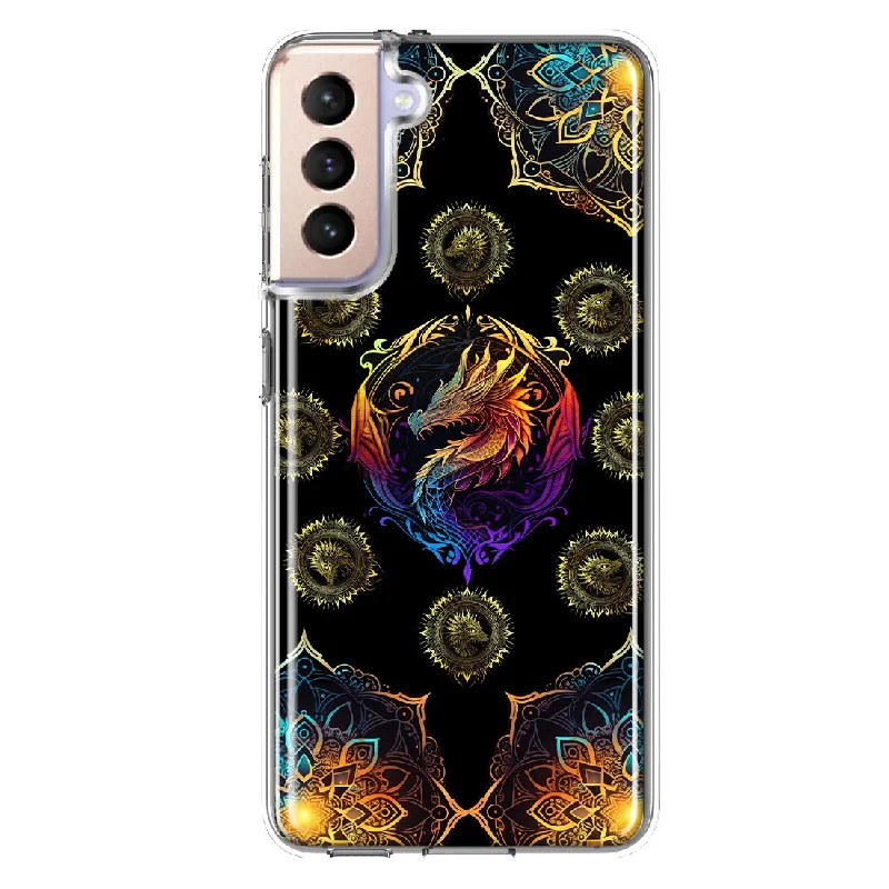 For Samsung Galaxy S21 Mandala Geometry Abstract Dragon Pattern Design Hybrid Protective Phone Case Cover