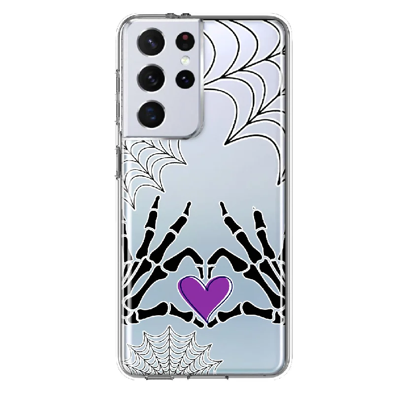 For Samsung Galaxy S21 Ultra Halloween Skeleton Heart Hands Spooky Spider Web Design Hybrid Protective Phone Case Cover