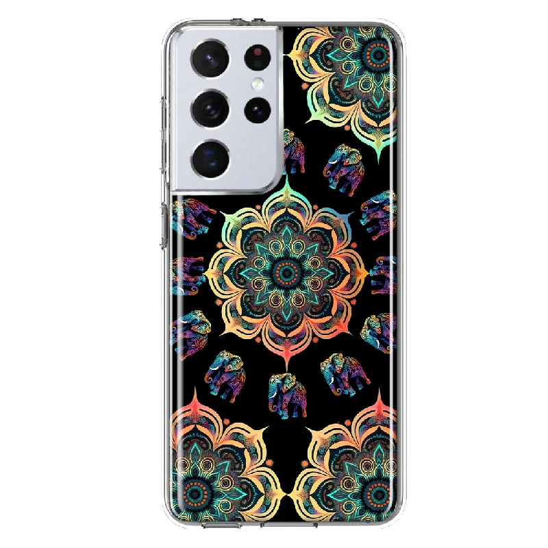 For Samsung Galaxy S21 Ultra Mandala Geometry Abstract Elephant Pattern Design Hybrid Protective Phone Case Cover