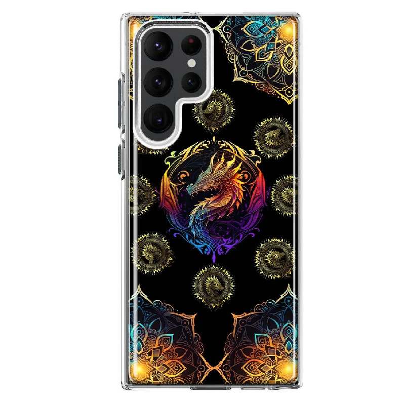 For Samsung Galaxy S22 Ultra Mandala Geometry Abstract Dragon Pattern Design Hybrid Protective Phone Case Cover