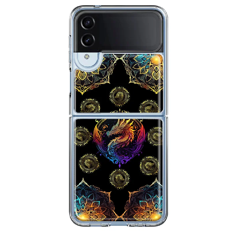 For Samsung Galaxy Z Flip 4 Mandala Geometry Abstract Dragon Pattern Design Hybrid Protective Phone Case Cover