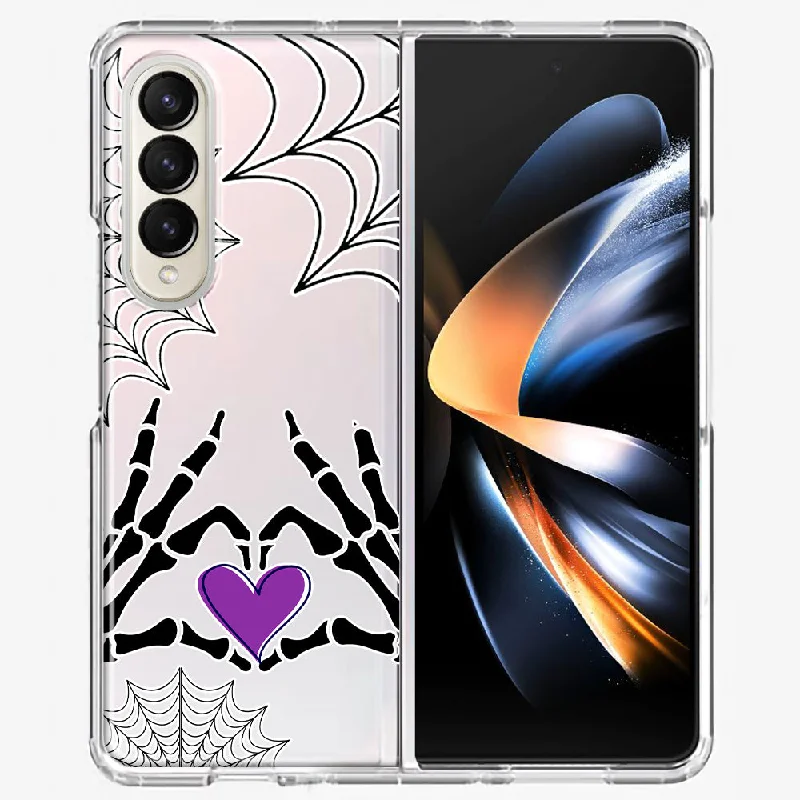 For Samsung Galaxy Z Fold 4 Halloween Skeleton Heart Hands Spooky Spider Web Design Hybrid Protective Phone Case Cover